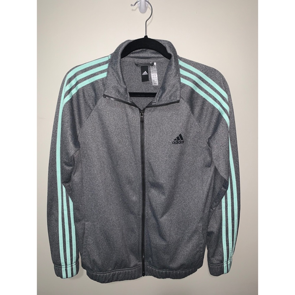 Adidas Womens Track Jacket Grey Mint Green 3-Stripe Full Zip Athletic Size L